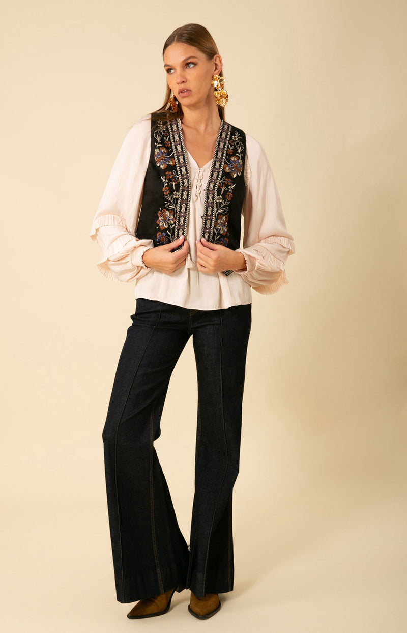 Madeleine Embroidered Linen Vest, color_black