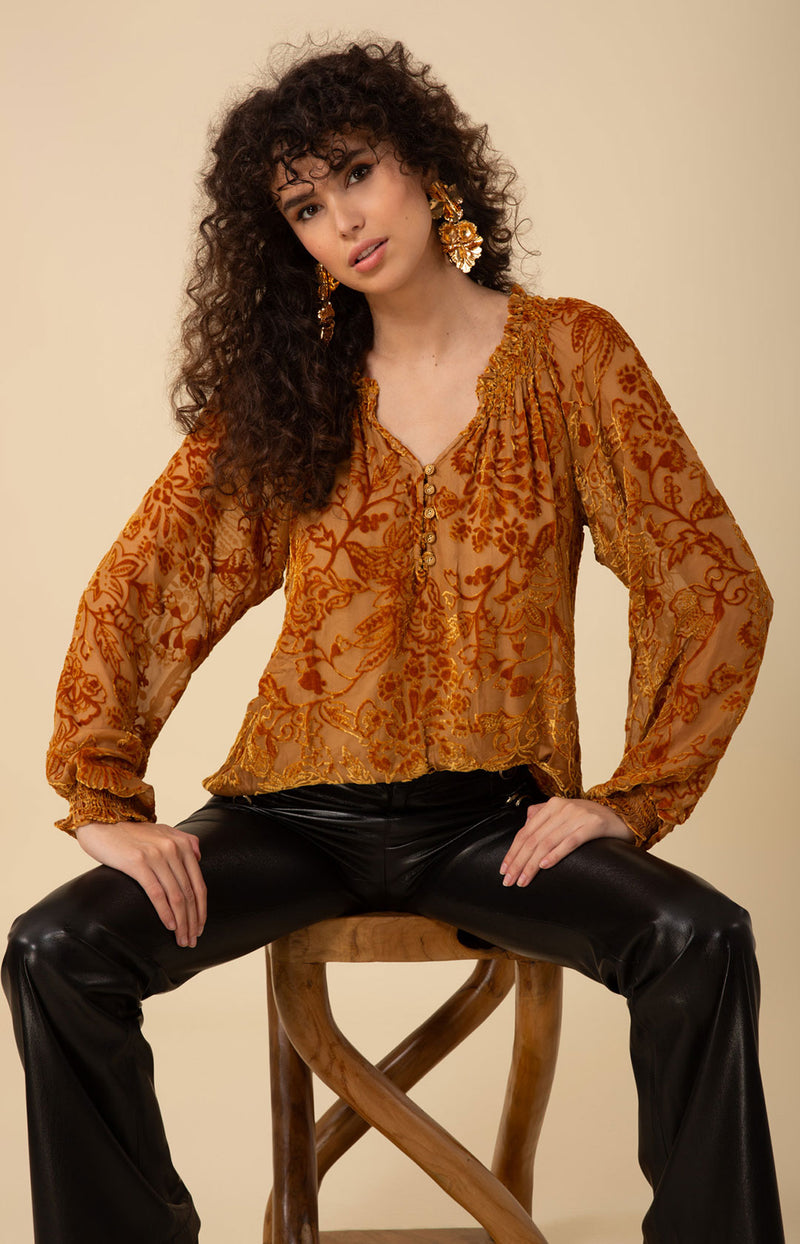 Liana Solid Velvet Burnout Top, color_gold