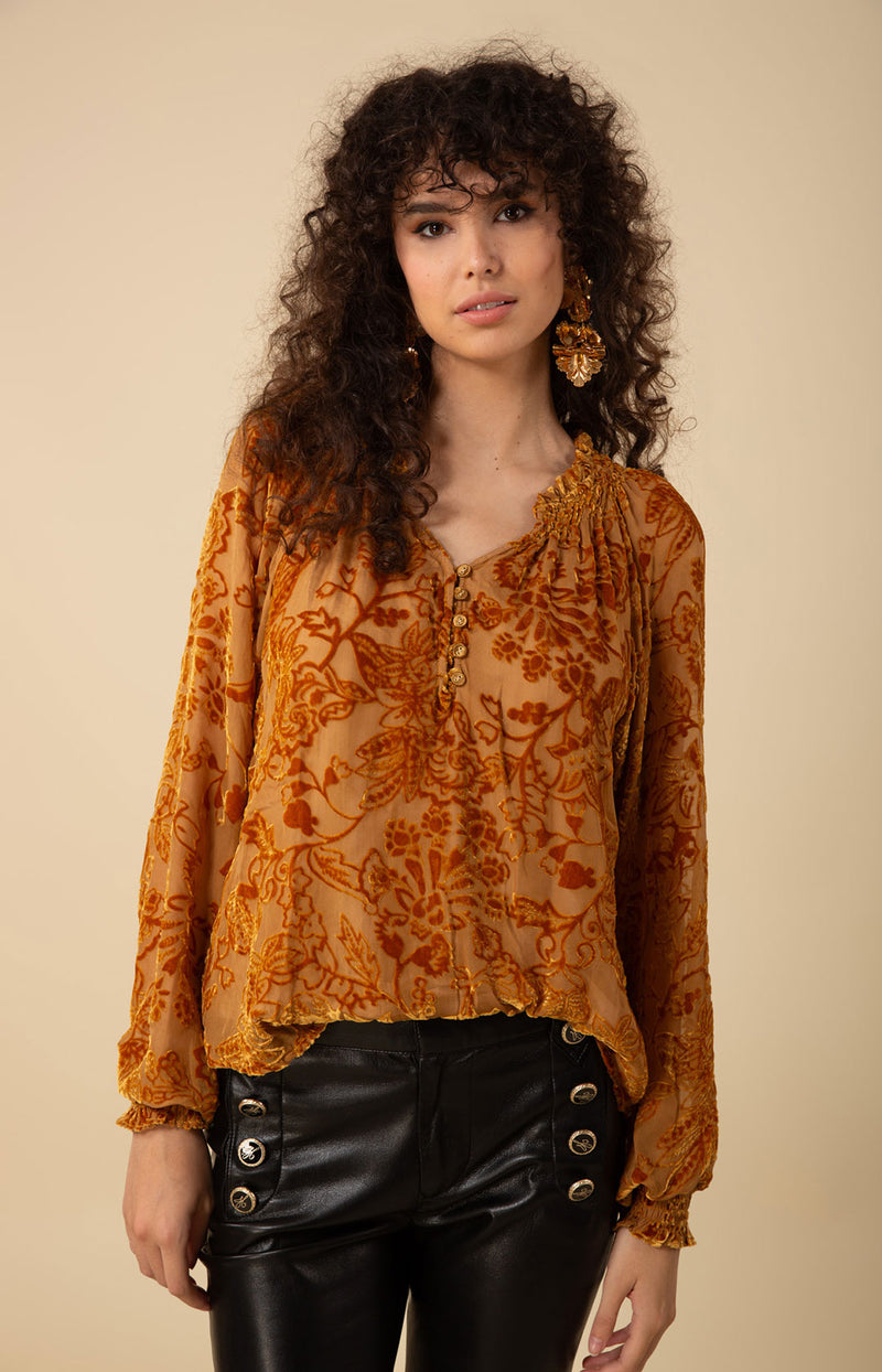 Liana Solid Velvet Burnout Top, color_gold