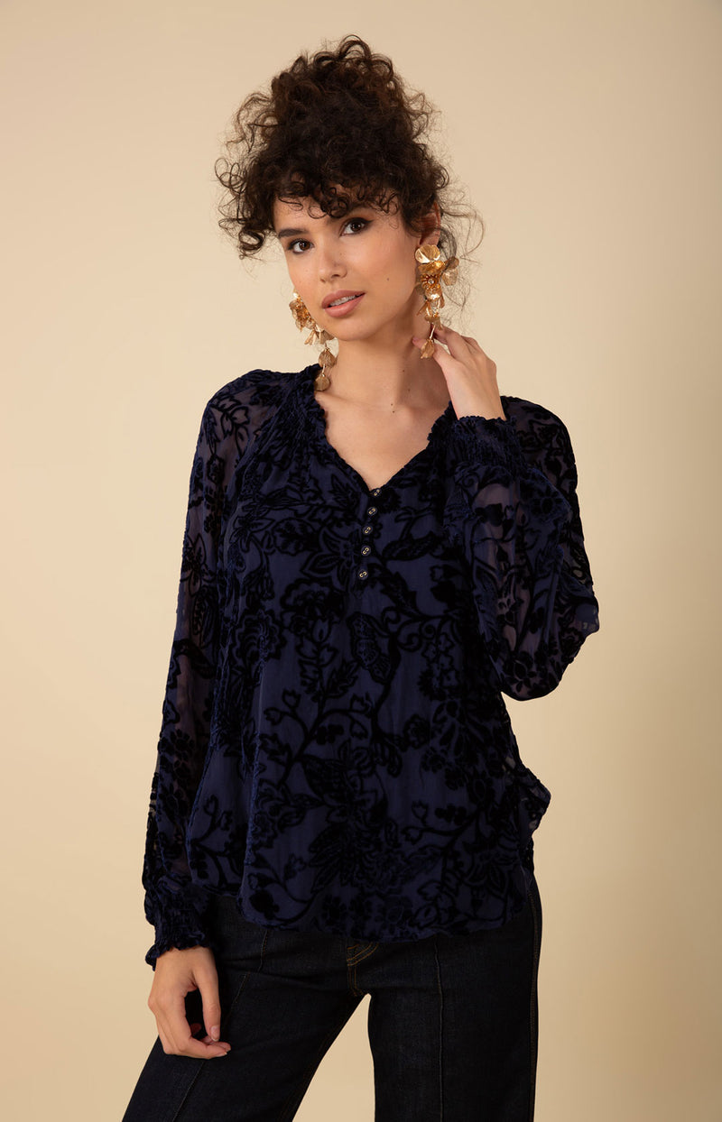 Liana Solid Velvet Burnout Top, color_navy