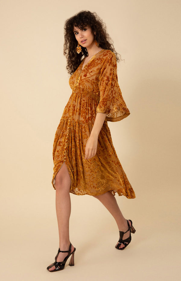 Raven Solid Velvet Burnout Dress, color_gold