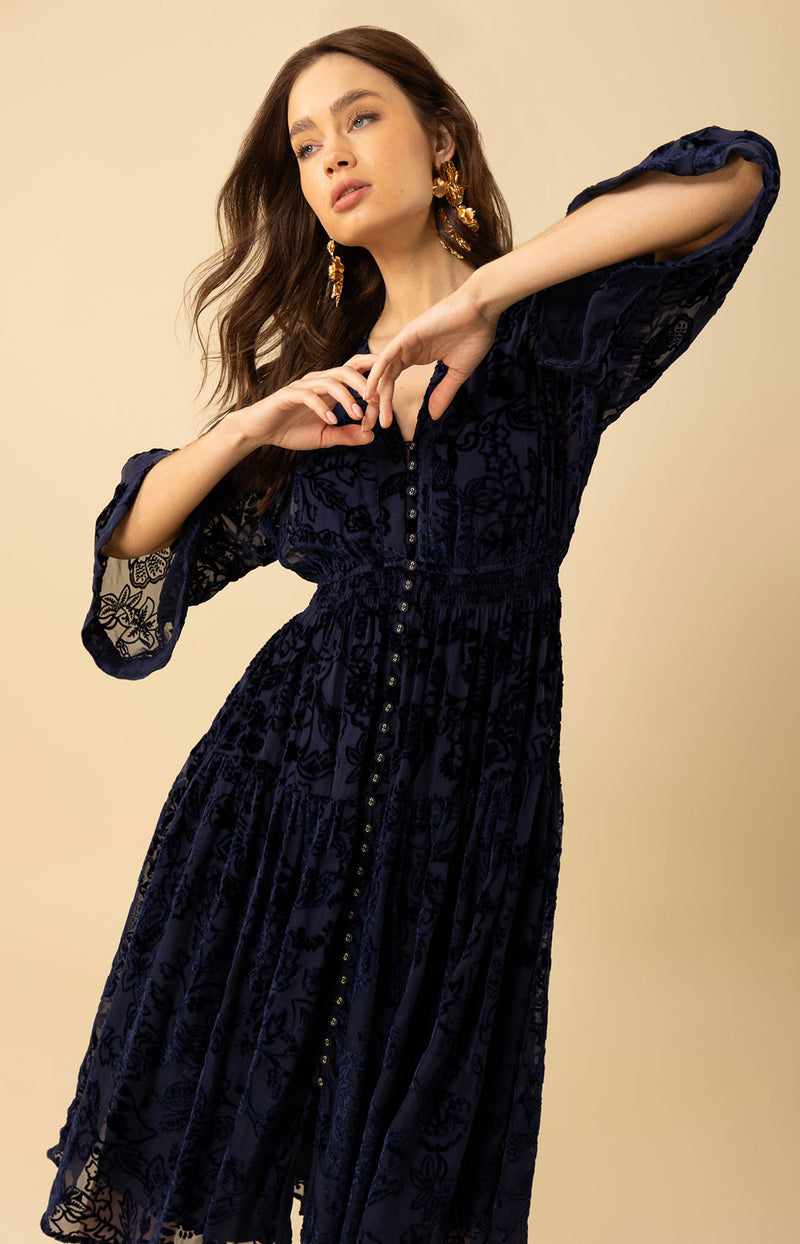 Raven Solid Velvet Burnout Dress, color_navy