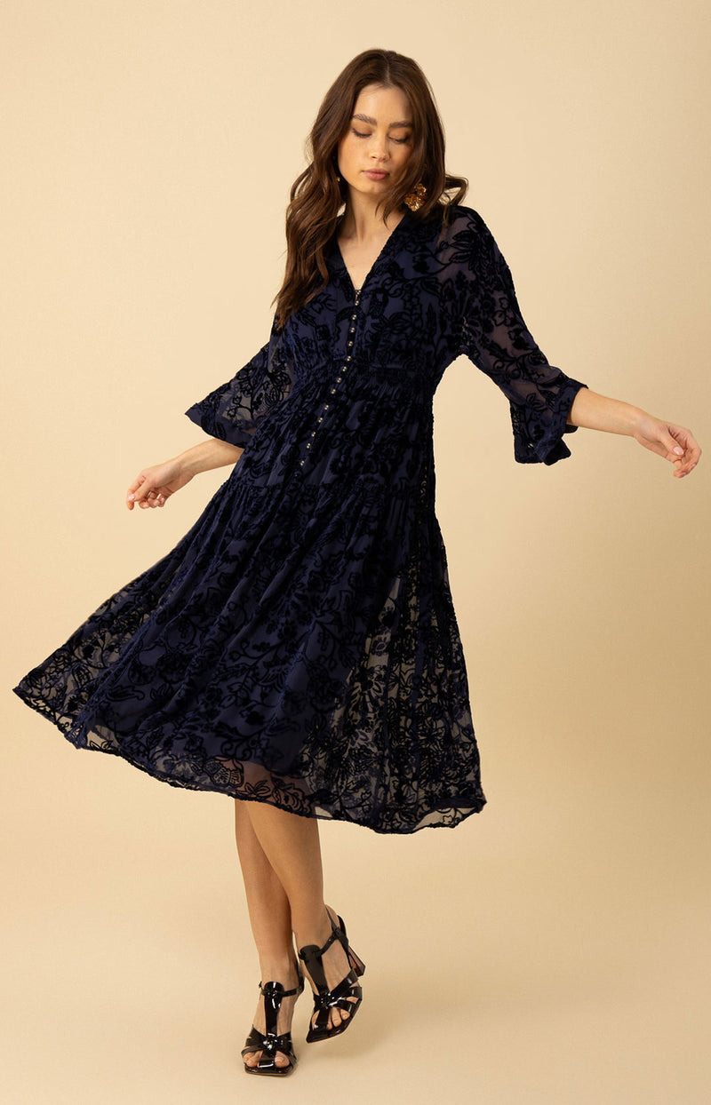 Raven Solid Velvet Burnout Dress, color_navy