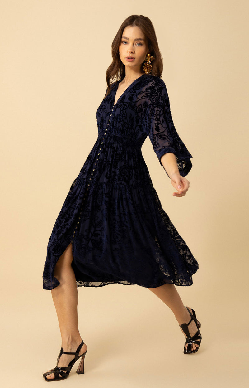 Raven Solid Velvet Burnout Dress, color_navy