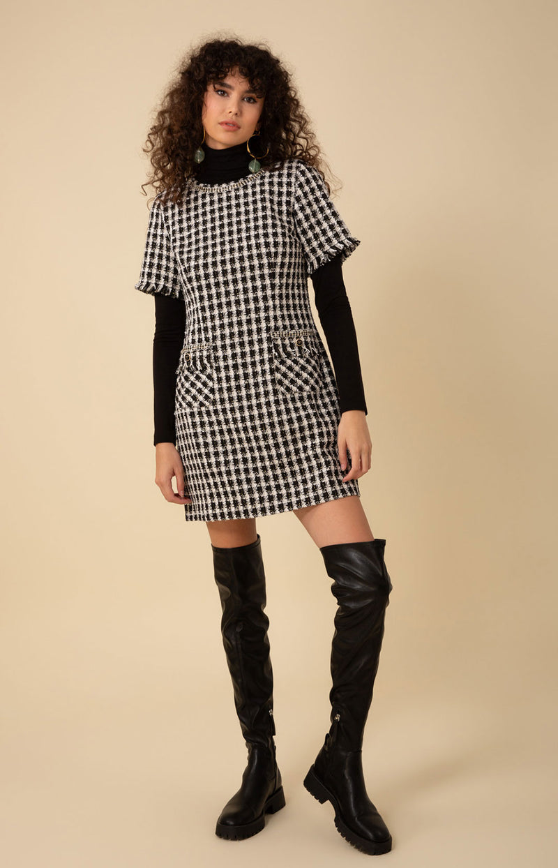 Regina Tweed Dress, color_black with whit