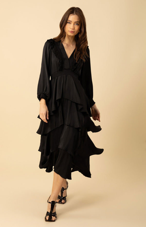 Astrid Solid Tiered Dress, color_black