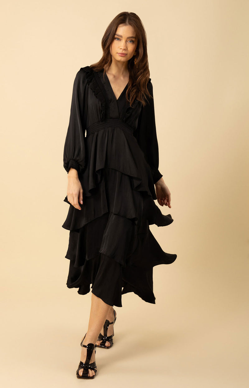 black tiered dress Ruffle elastic cuff sleeves and button shirt closure Black Maxi Dress, Tiered Cotton