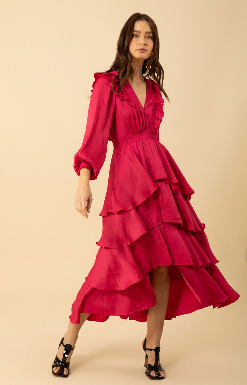 Astrid Solid Tiered Dress, color_raspberry