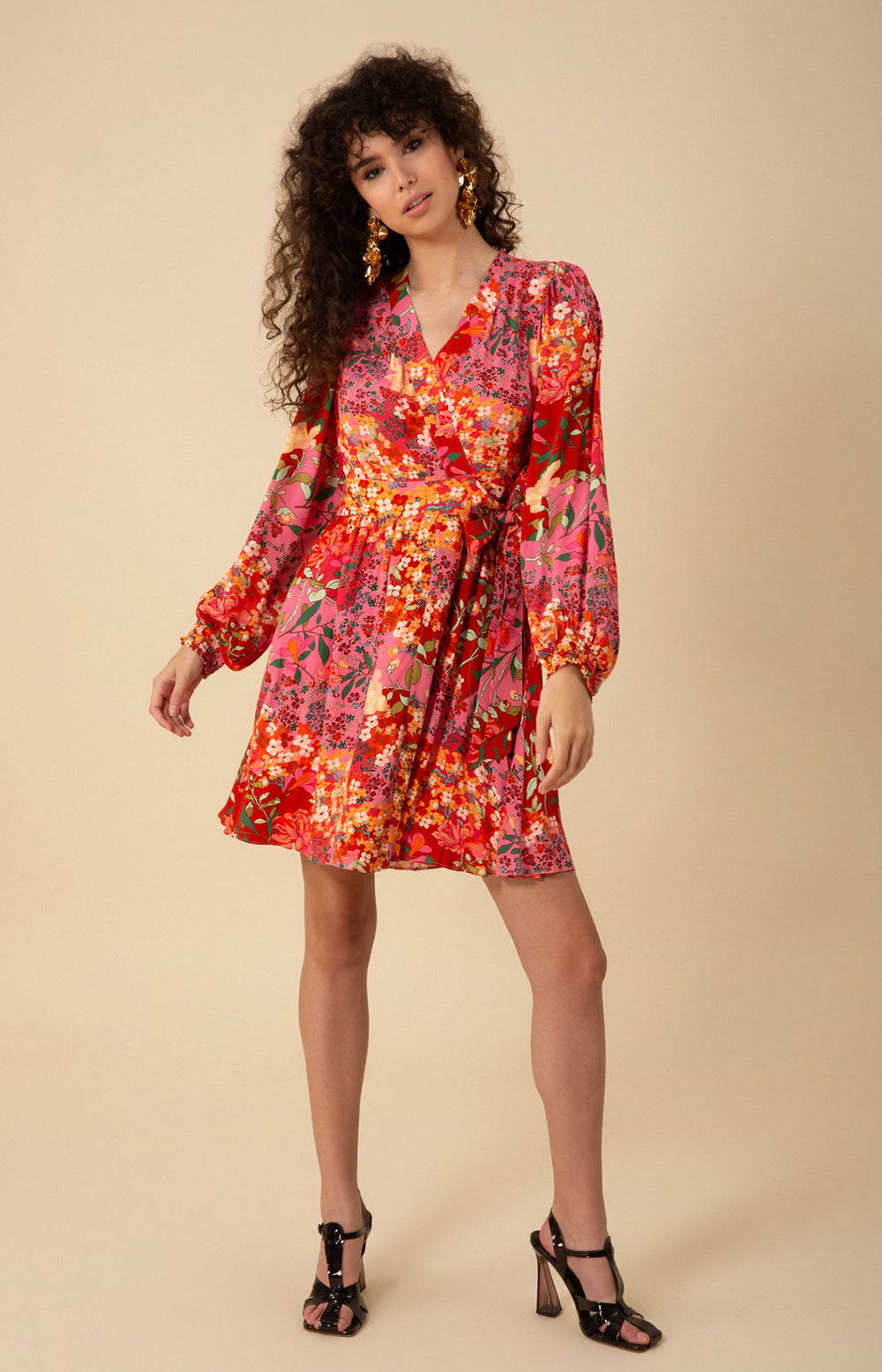 [fiolily美品]Shaggy American Sleeve Dress Dresses Swing Long Sleeve Floral V Neck Dress Loose Midi