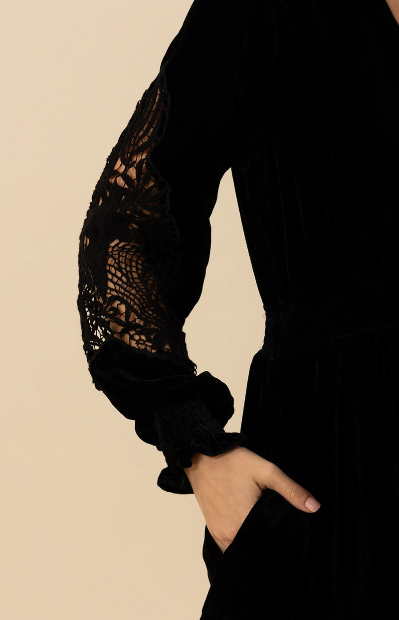crochet velvet dress Gamivast Velvet Dress for Women Crochet Long Sleeve A-Line Swing Babydoll Mini Dresses Lace Overall Pleated Round Neck Cocktail Dress for Party