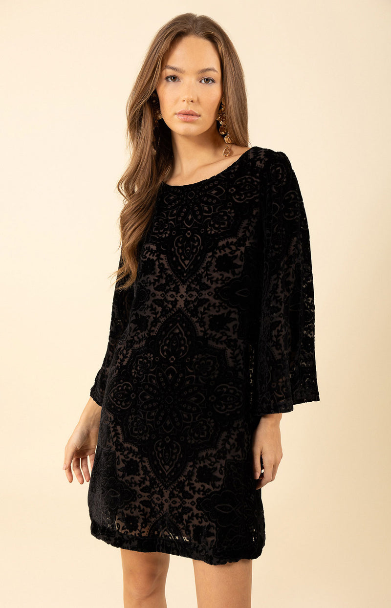 Alora Solid Velvet Burnout Dress, color_black