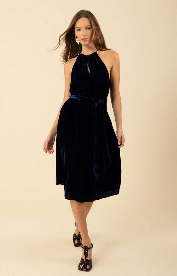 Meadow Halter Velvet Dress, color_navy