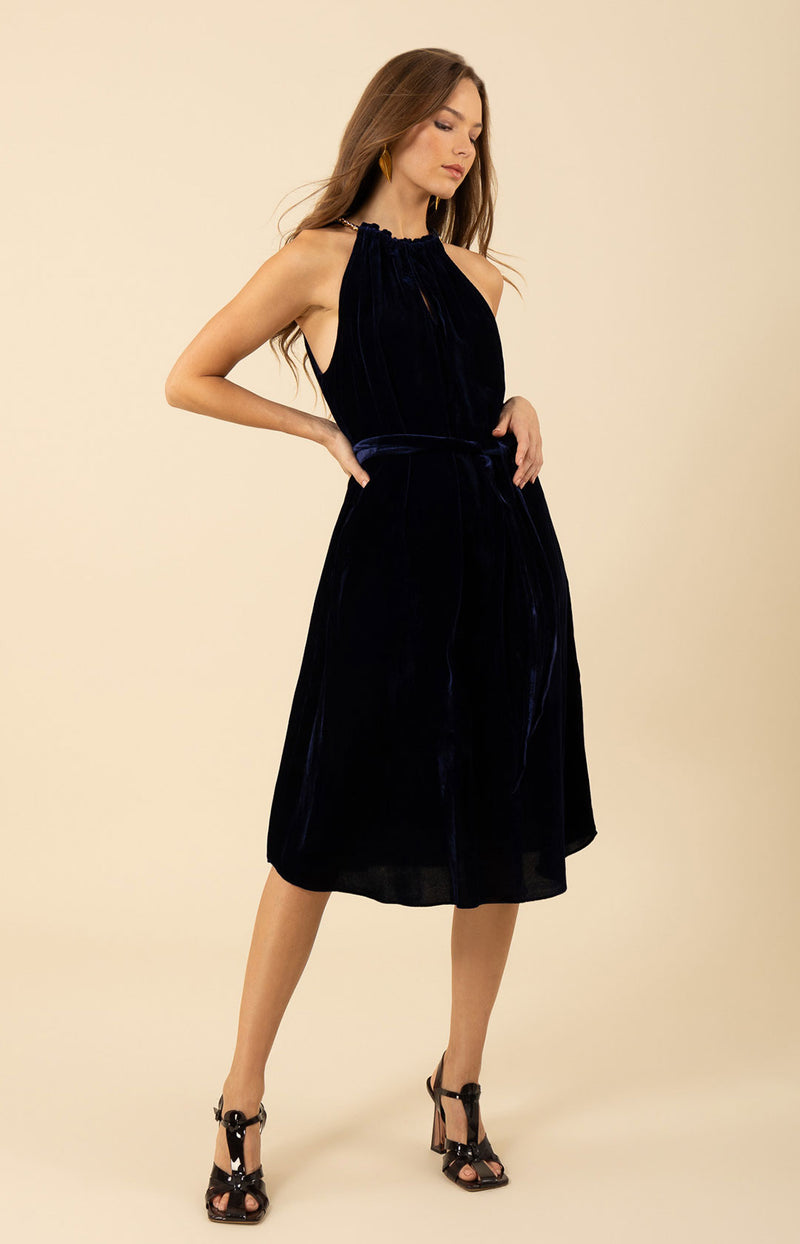 Meadow Halter Velvet Dress, color_navy