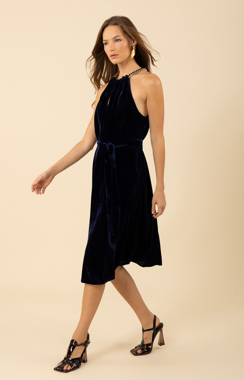 Meadow Halter Velvet Dress, color_navy