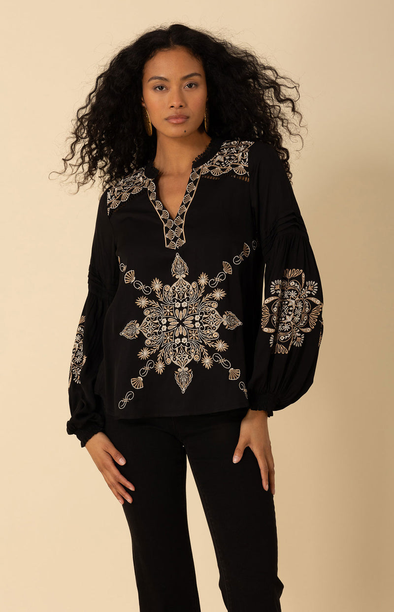 Elliott Embroidered Twill Top, color_black