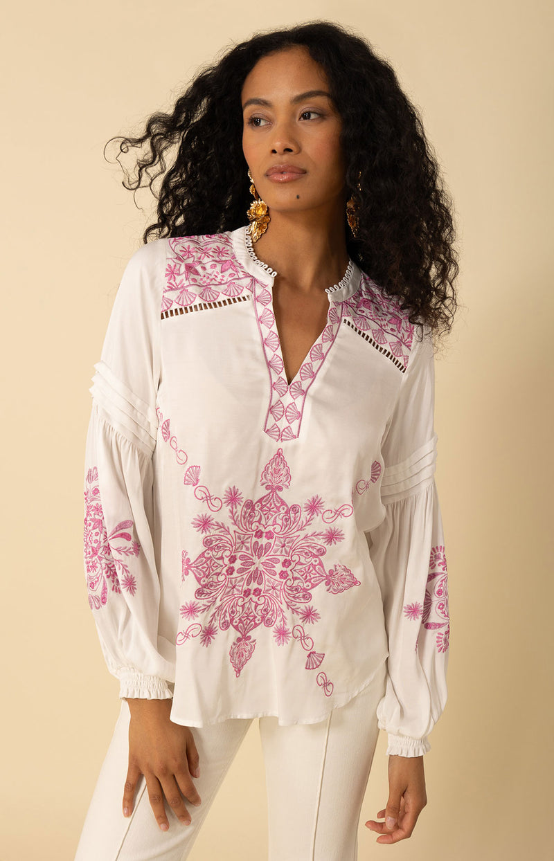 Elliott Embroidered Twill Top, color_white