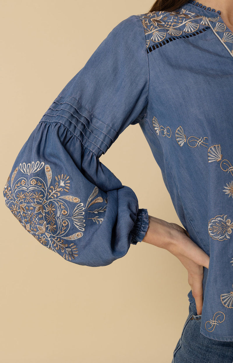 Elliott Embroidered Chambray Top, color_blue