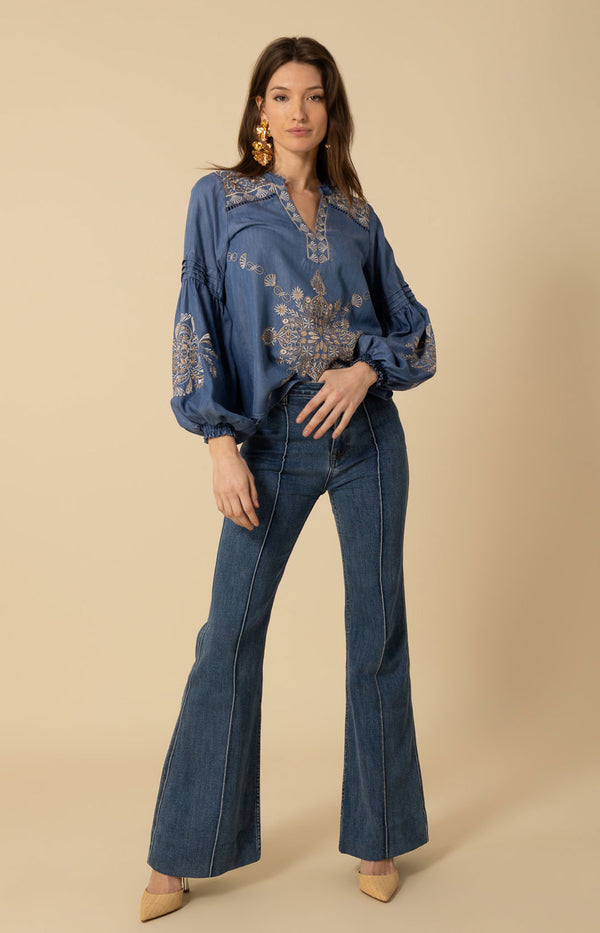 Elliott Embroidered Chambray Top, color_blue