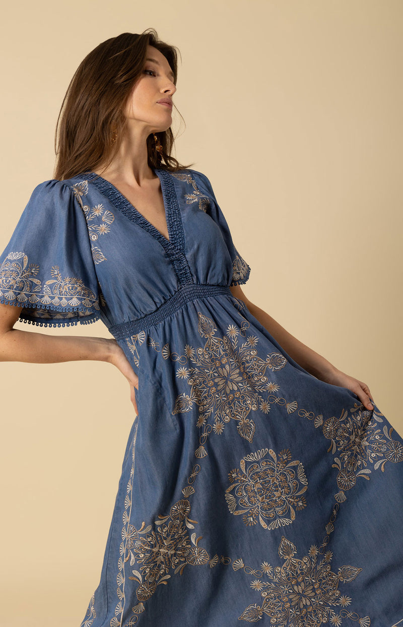 Katalina Embroidered Chambray Dress, color_blue