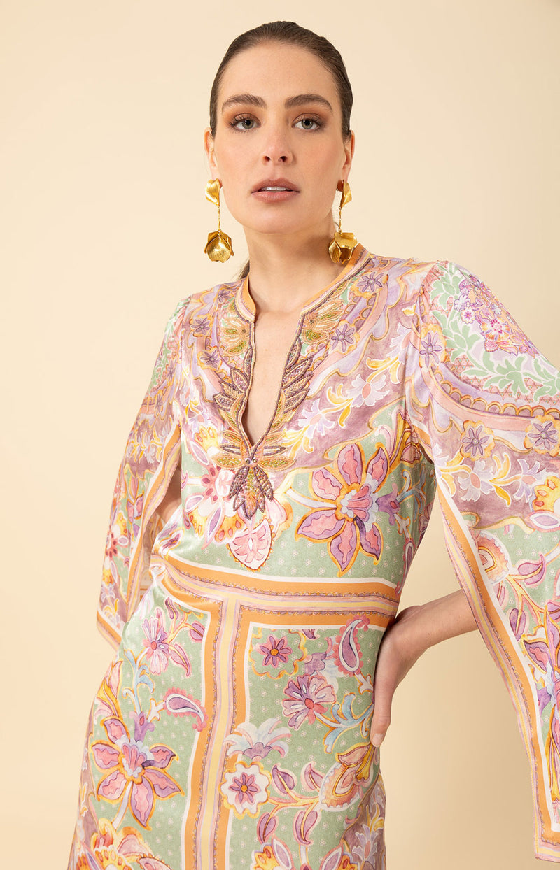 Aileen Silk Caftan Dress Beaded - Green / XS Aileen Silk Caftan Dress Beaded - Green / XS