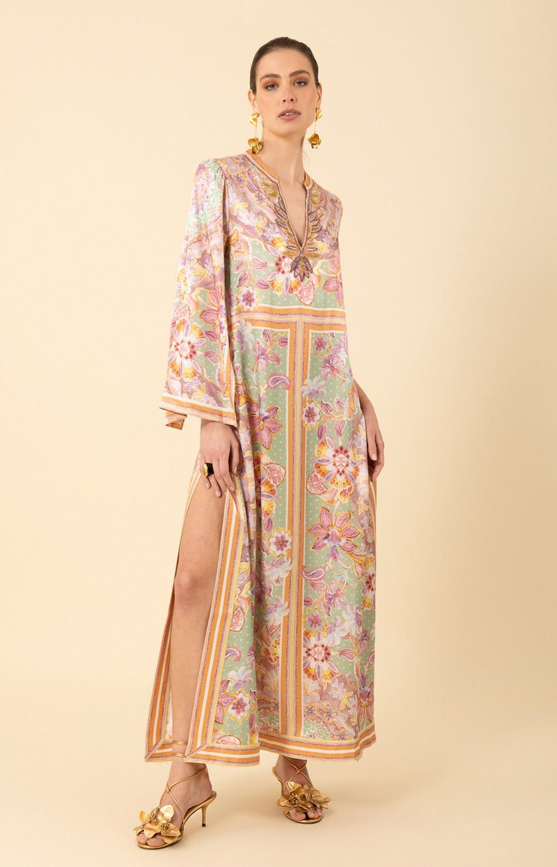 Aileen Silk Caftan Dress Beaded Green / L