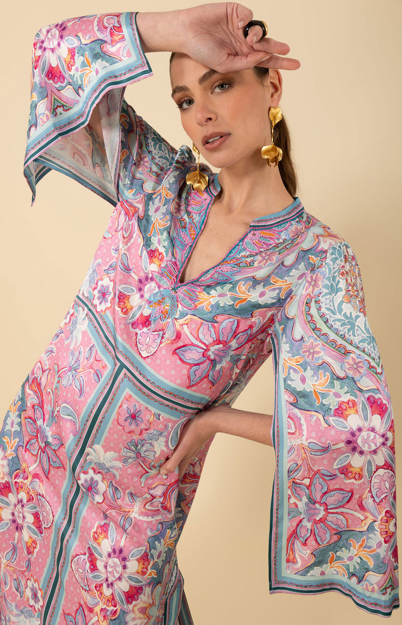 Aileen Silk Caftan Dress Beaded, color_pink