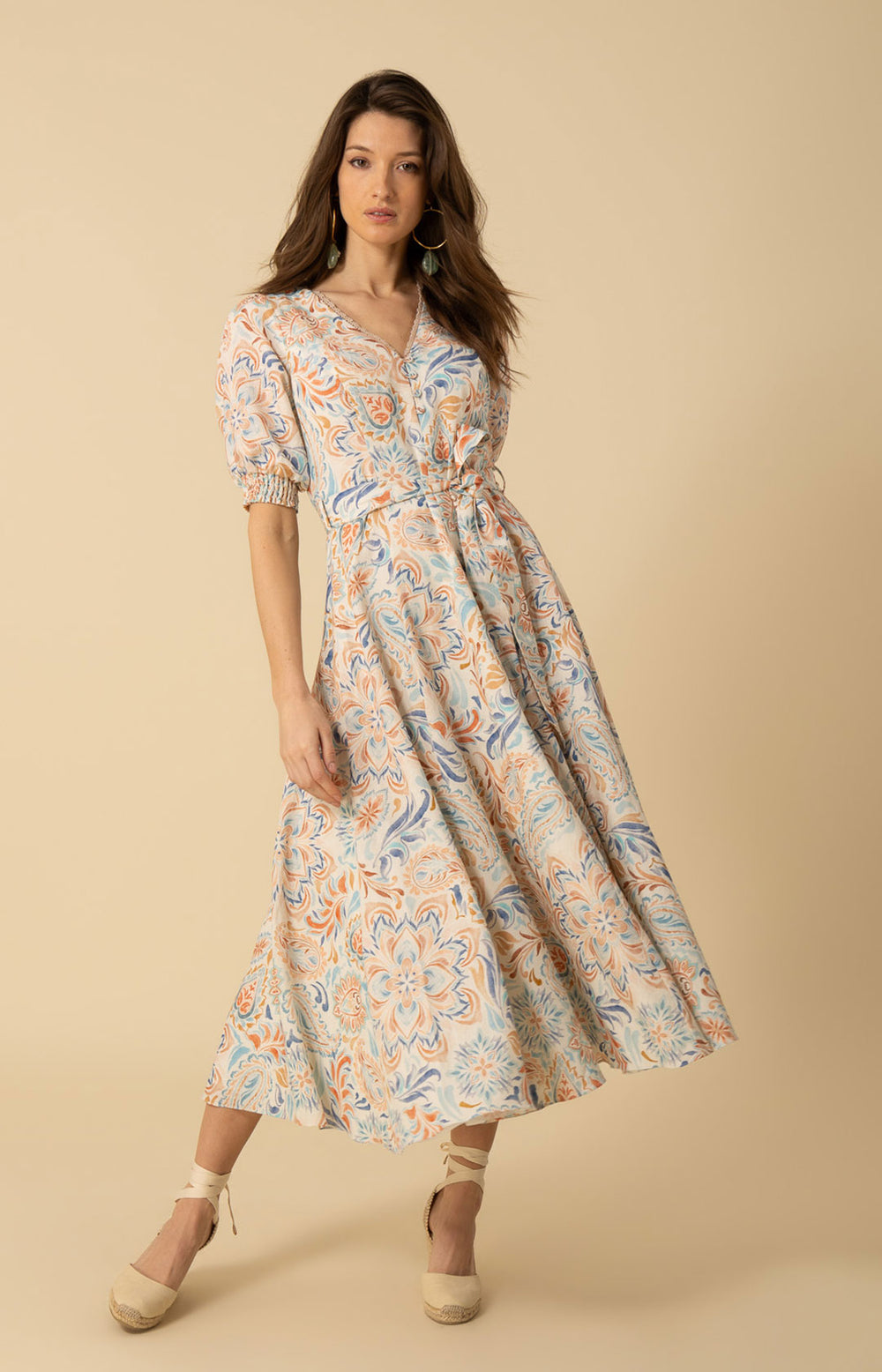 ワンピース COTTON LINEN FOIL PRINT RIB COMBI DRESS Faye Linen Maxi Dress