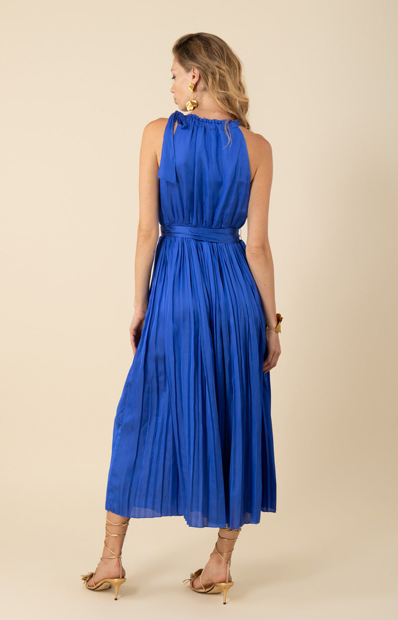 Chelsea Chiffon Pleated Solid Dress, color_blue