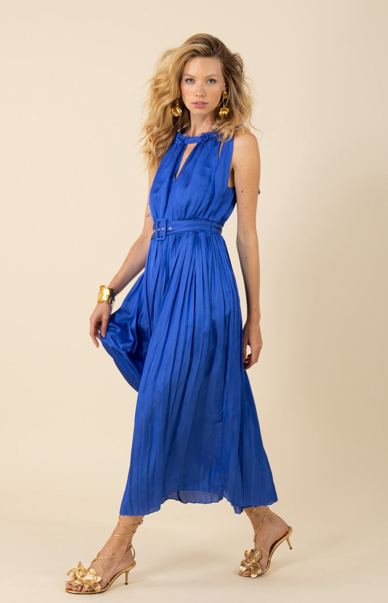 Chelsea Chiffon Pleated Solid Dress Blue / S Chelsea Chiffon Pleated Solid Dress Blue / S