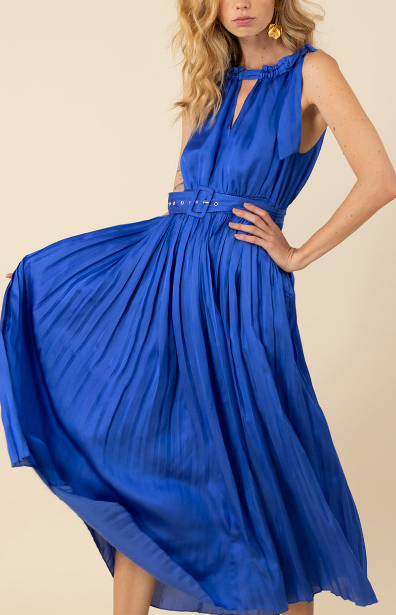 Chelsea Chiffon Pleated Solid Dress, color_blue