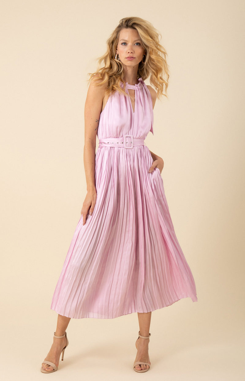 Chelsea Chiffon Pleated Solid Dress, color_lilac