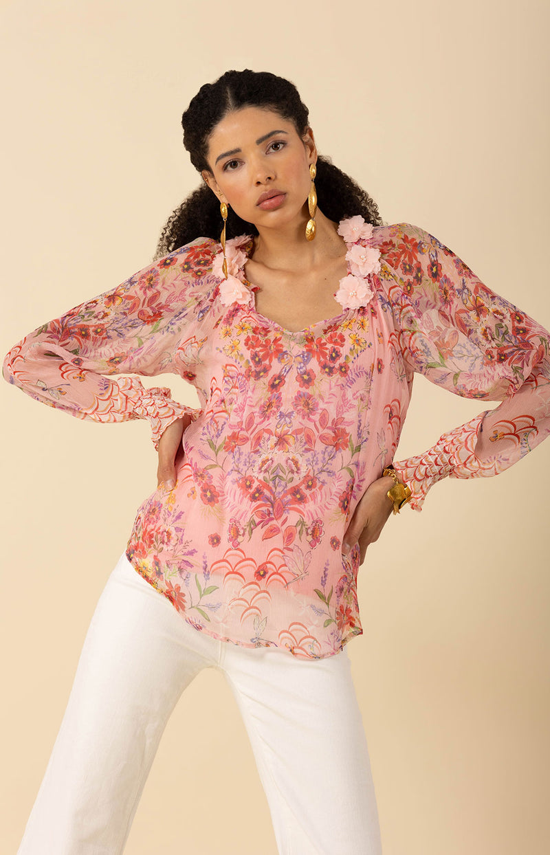 Monica Silk Floral Applique Top, color_pink