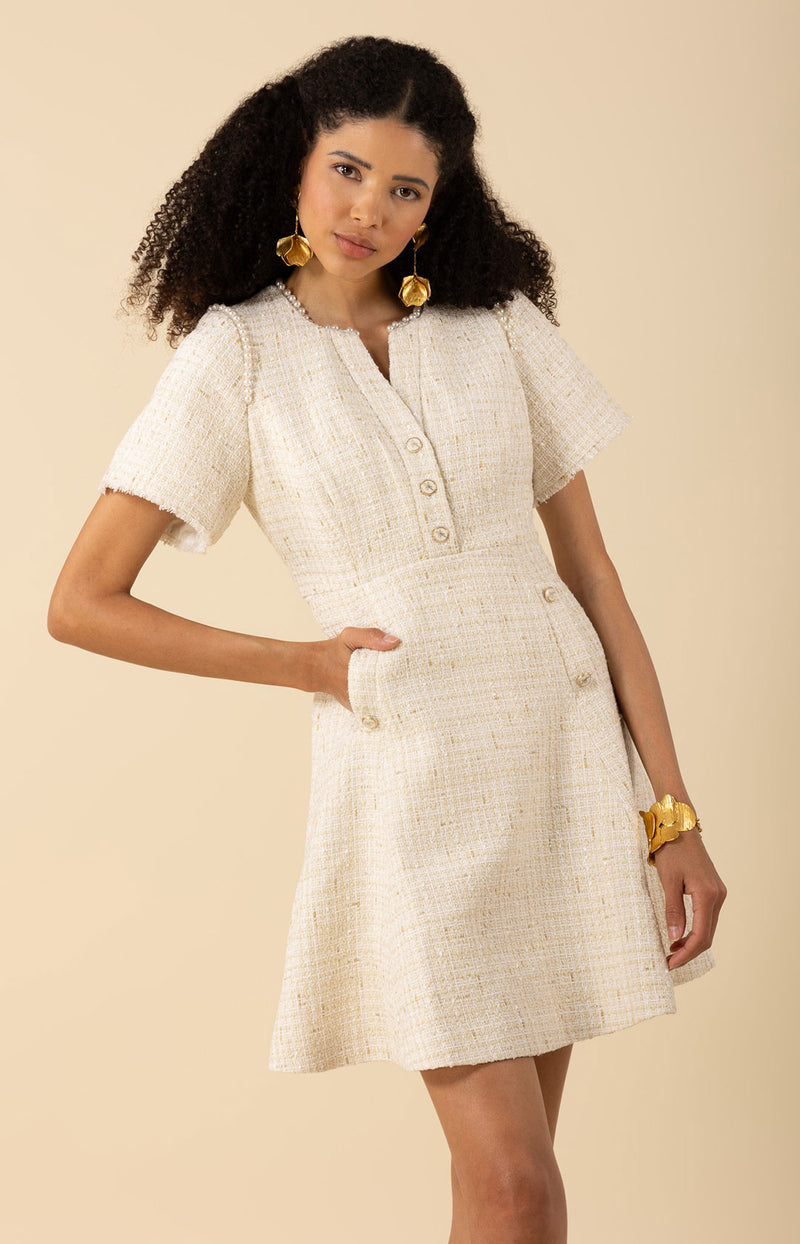 Maxine Boucle Tweed Dress-color-ivory