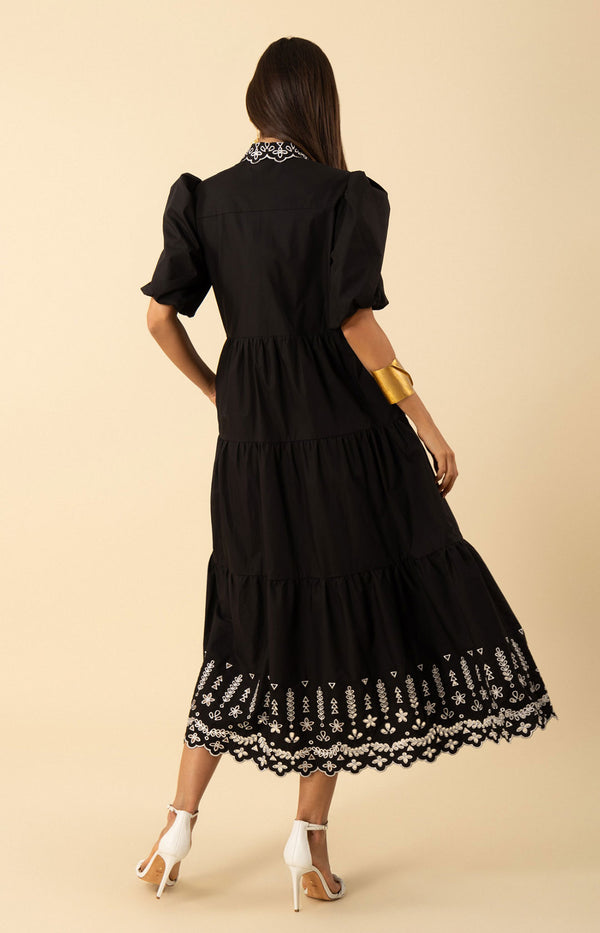 Martha Embroidered Poplin Maxi Dress, color-black