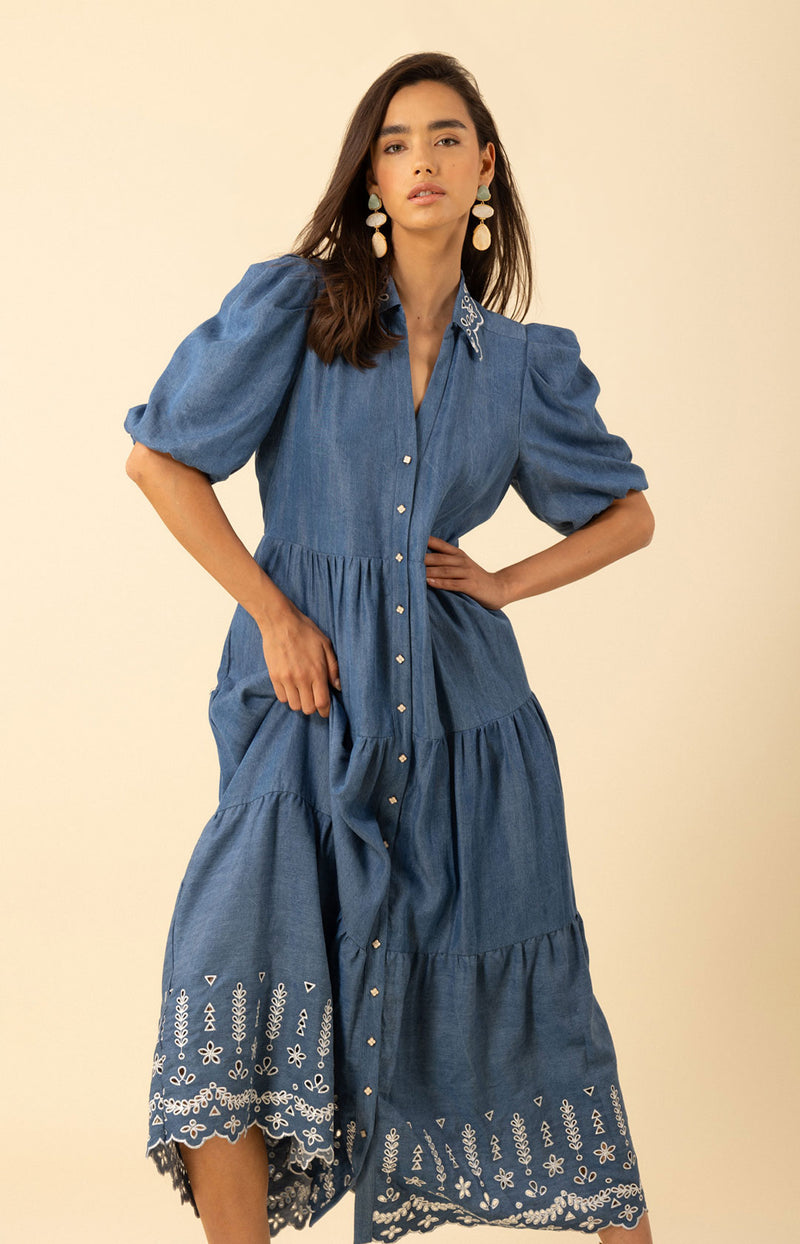 Martha Embroidered Chambray Dress Blue / S Martha Embroidered Chambray Dress Blue / S