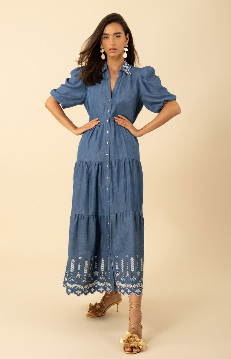 Martha Embroidered Chambray Dress Blue / S Martha Embroidered Chambray Dress Blue / S