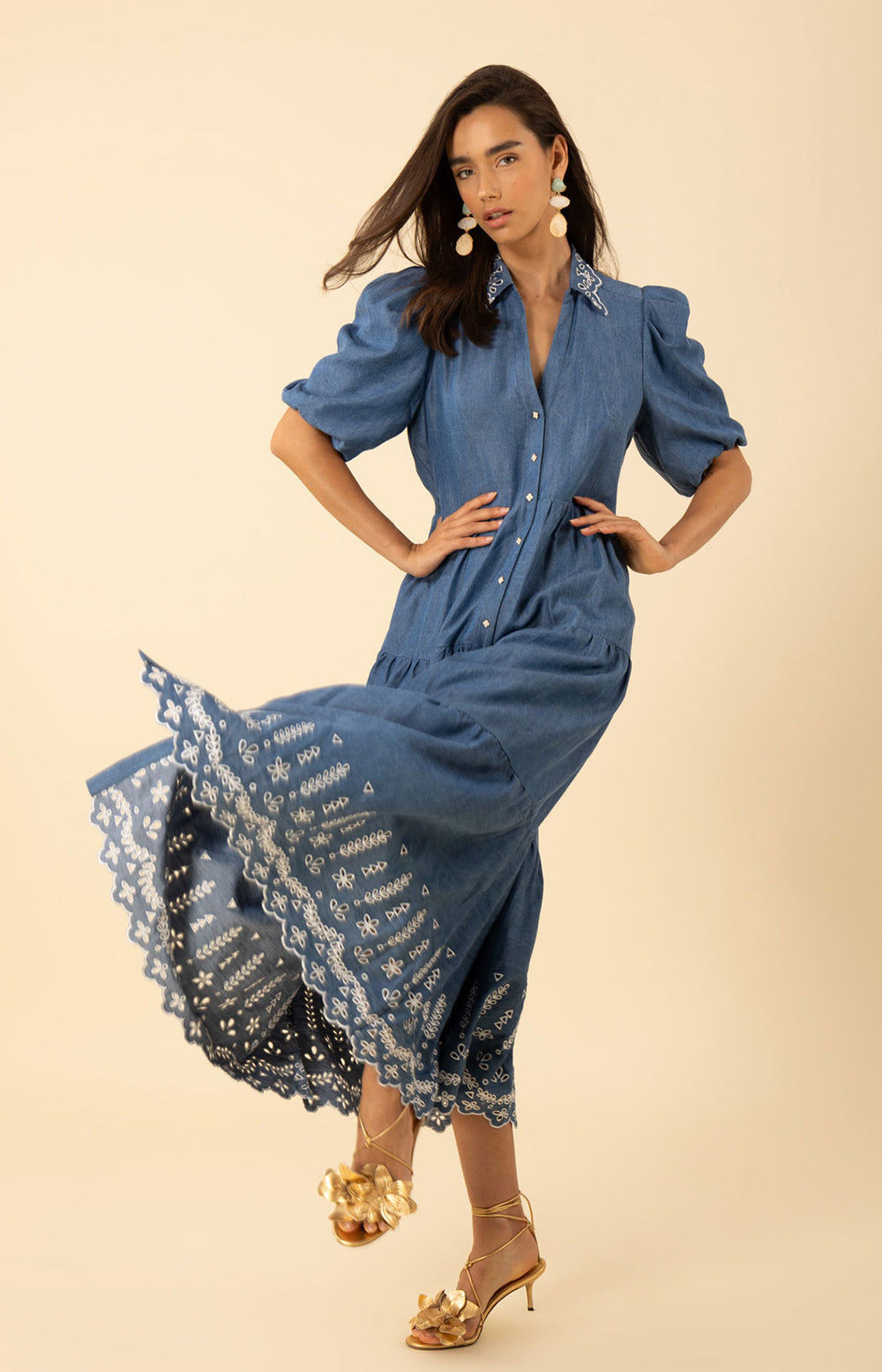 women chambray dress Martha Embroidered denim women upper Mocha Muse Off-Shoulder Sweater knee length Size:dress size pants48
