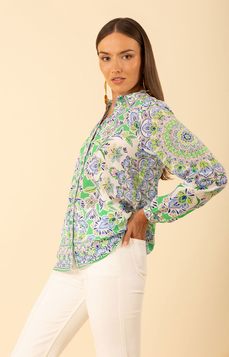 Azariah Silk Top, color-Green