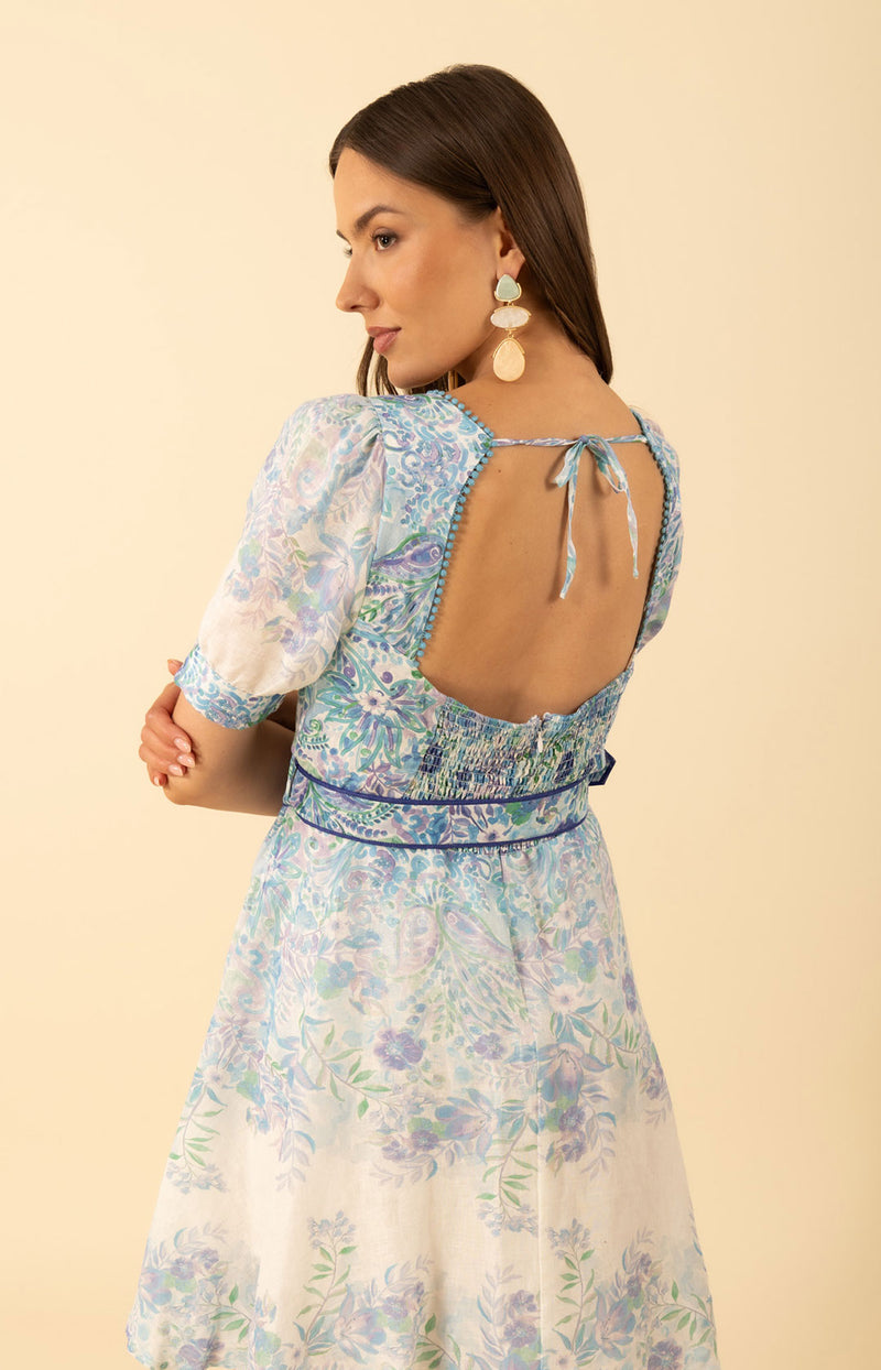 Kara Linen Dress, color-Blue