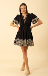 Alena Embroidered Voile Dress, color-Black