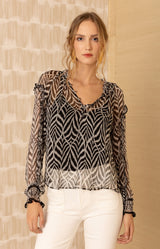 Linda Silk Top, color-BlackwithWhite