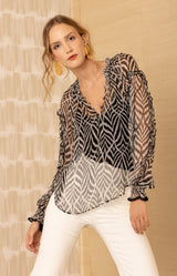 Linda Silk Top, color-BlackwithWhite