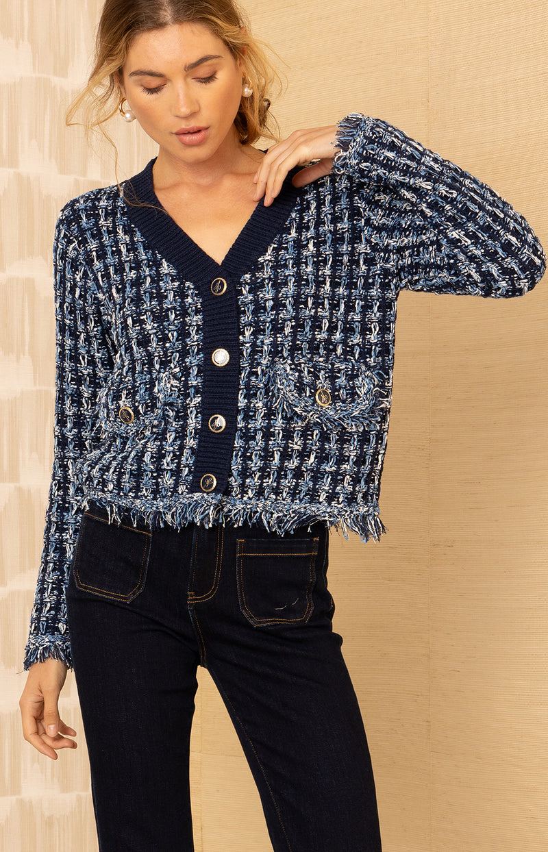 Amelie Boucle Cardigan, color-Blue