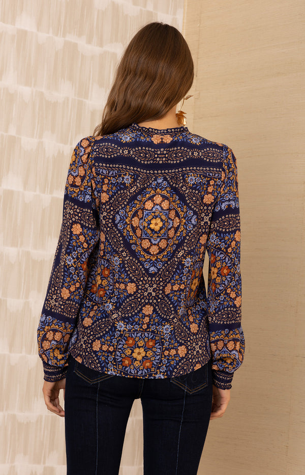 Raina Silk Top, color-Navy 