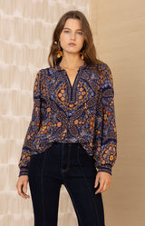 Raina Silk Top, color-Navy 