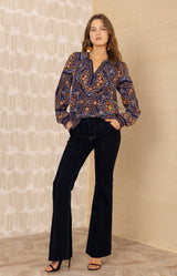 Raina Silk Top, color-Navy 
