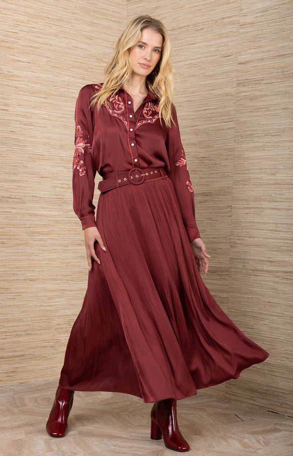 Ayleen Charmeuse Skirt, color-Wine