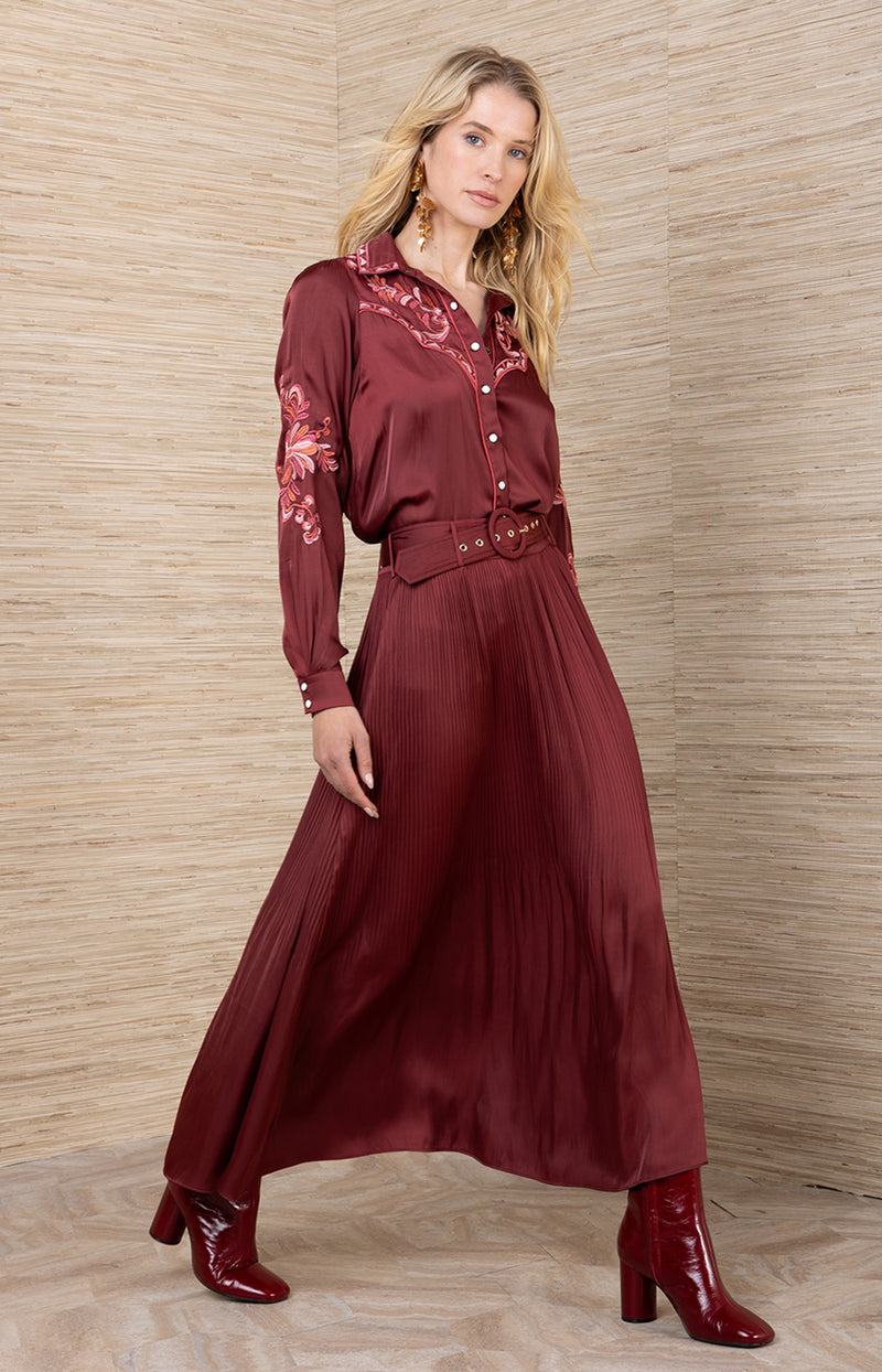 Ayleen Charmeuse Skirt, color-Wine