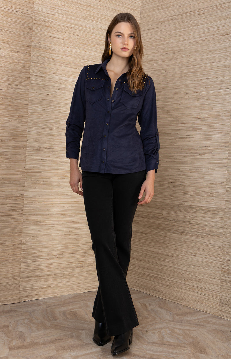 Simone Suede Top, color_Navy