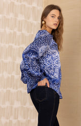 Marianna Silk Top, color-Navy